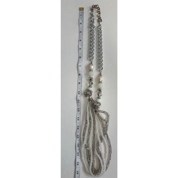 Women's Multi-Strand Statement Chunky White Beaded Silver Tone Chain Necklace - Picture 7 of 8